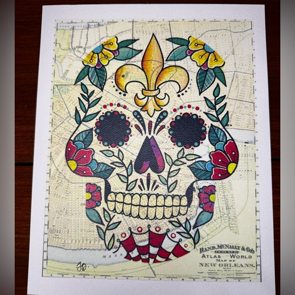 Skull Canvas Painting New Orleans Map & Mardi Gras Post Card St Louis Cathedral - Picture 1 of 9